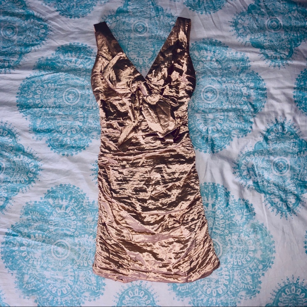 BCBG gold bow bodycon dress